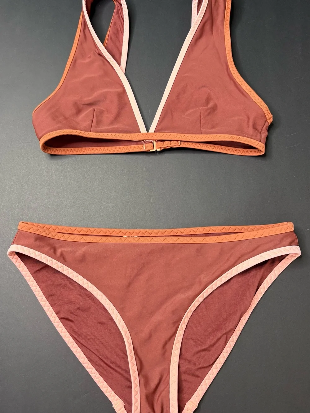 aerie Two-Piece Triangle Bikini in Rust with Peach and Orange Trim